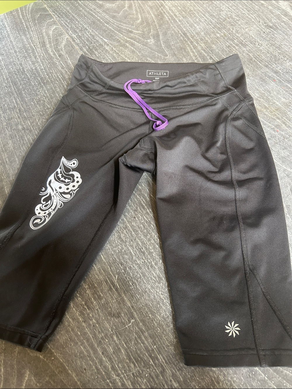Athleta Black Cropped Leggings with Purple Drawstring